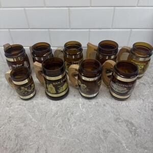 Lot of 9 Vintage Siesta Ware Souvenier Brown Barrel Glass Mugs w Wood Handles